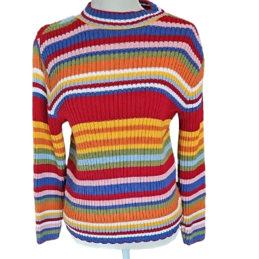 Plaid Moose Mock Turtle Neck Striped Sweater Size Girls Large 14-16 Womens S EUC